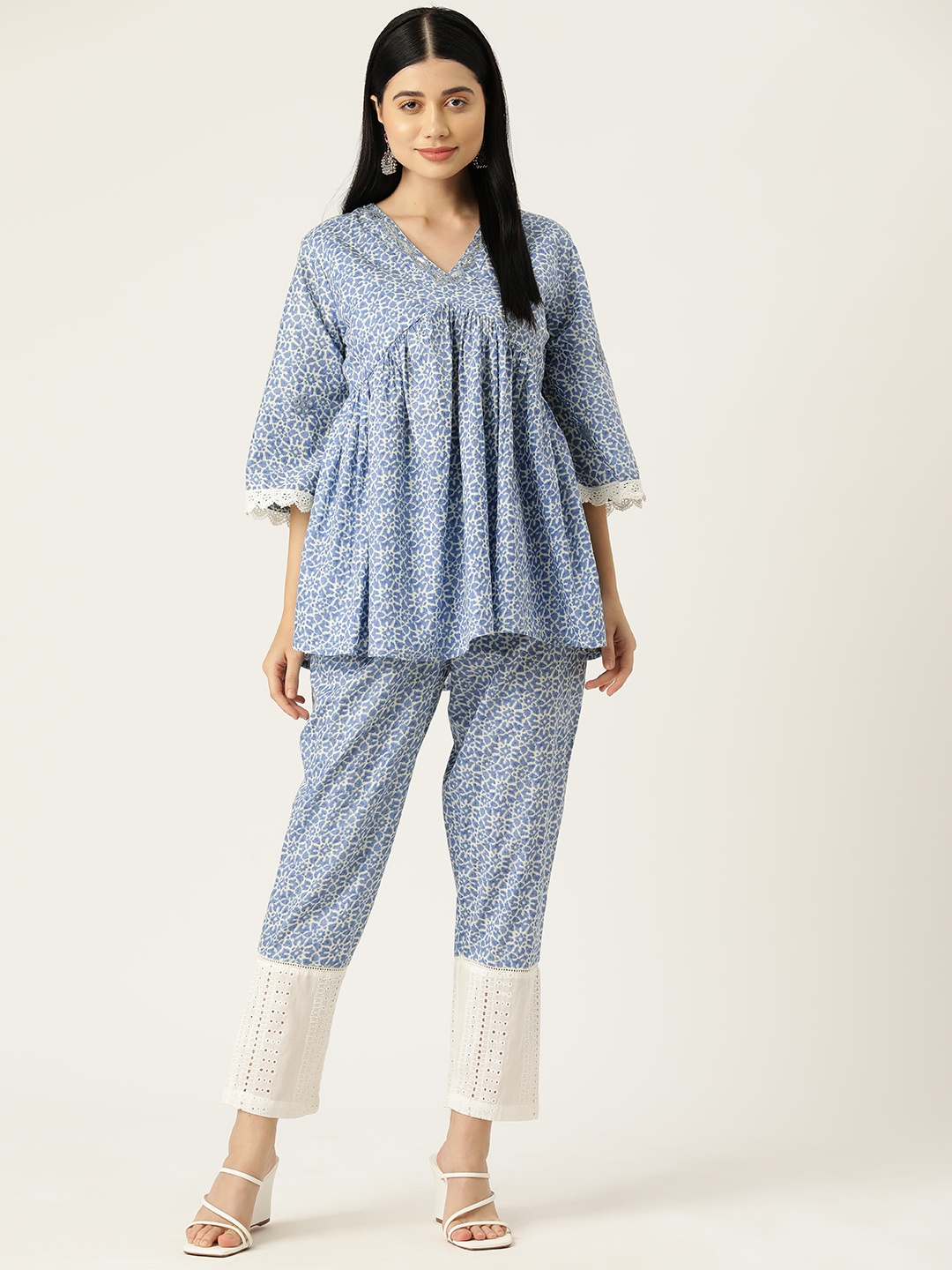 

MISRI Women Printed Top with Trousers, Blue