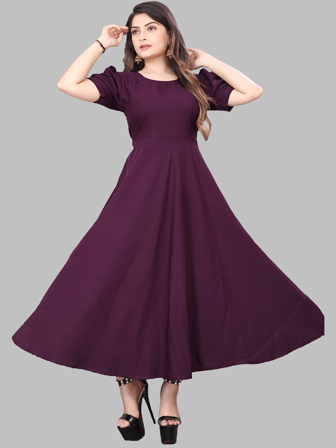 

N N ENTERPRISE Round Neck Puff Sleeve Tie-Ups Maxi Dress, Purple