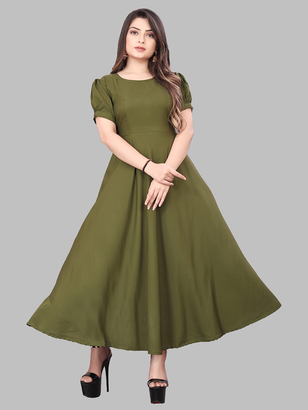

N N ENTERPRISE Puff Sleeves Tie Ups Gown Maxi Dress, Olive