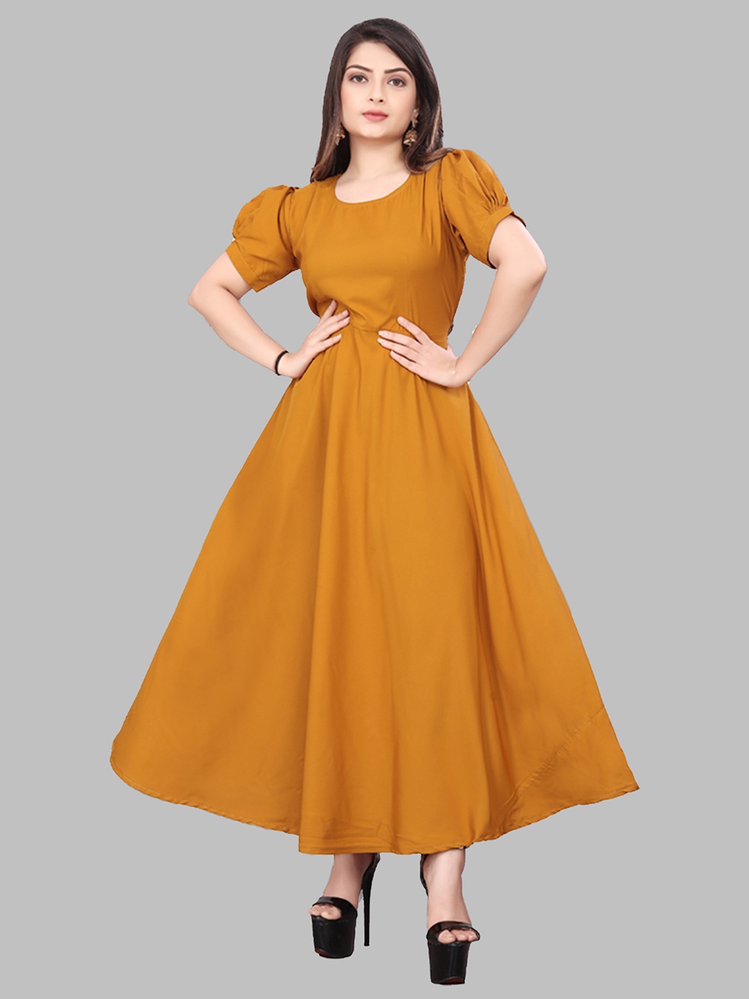 

N N ENTERPRISE Puff Sleeve A-Line Crepe Maxi Dress, Mustard