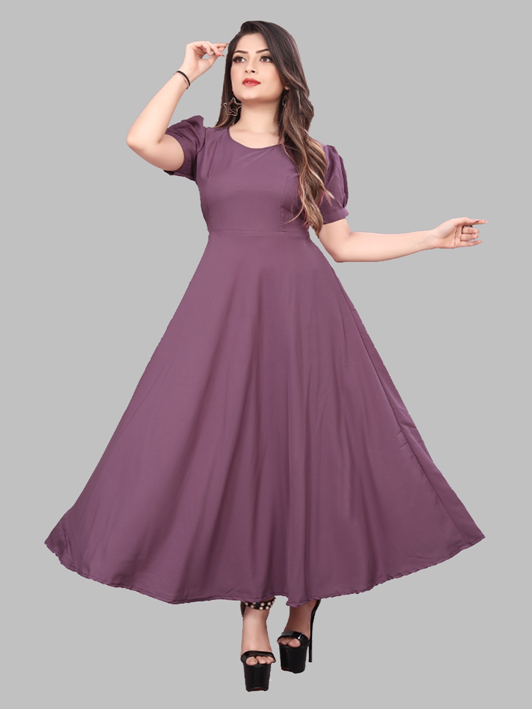 

N N ENTERPRISE Puff Sleeves Tie Ups Gown Maxi Dress, Purple