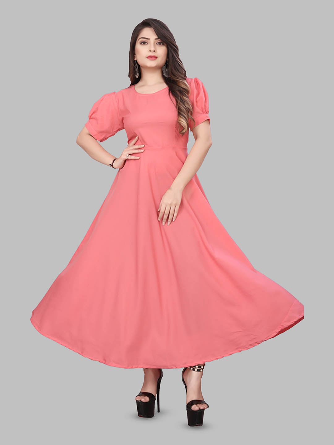 

N N ENTERPRISE Round Neck Puff Sleeve Tie-Ups Maxi Dress, Peach