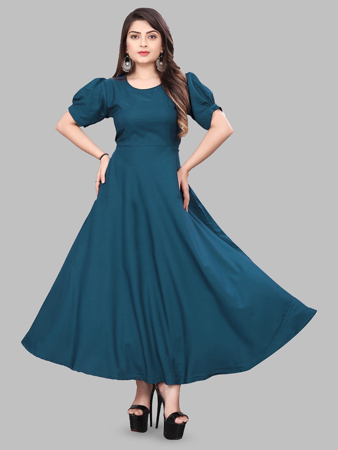 

N N ENTERPRISE Puff Sleeves Tie Ups Gown Maxi Dress, Teal
