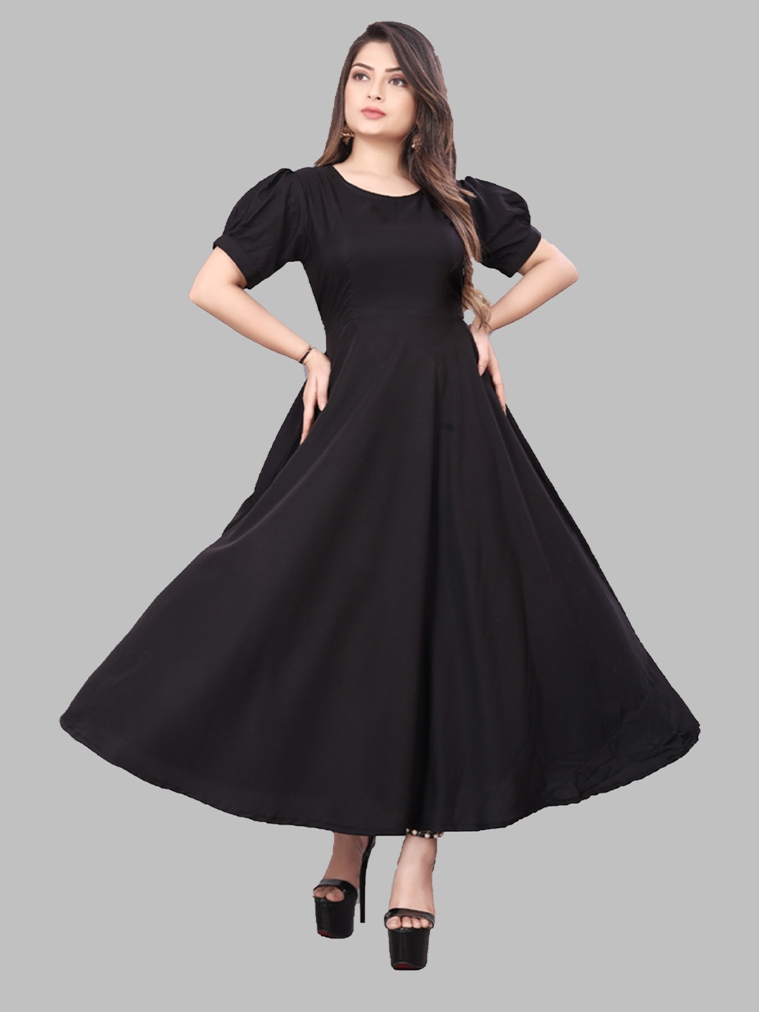 

N N ENTERPRISE Round Neck Puff Sleeve Tie-Ups Maxi Dress, Black