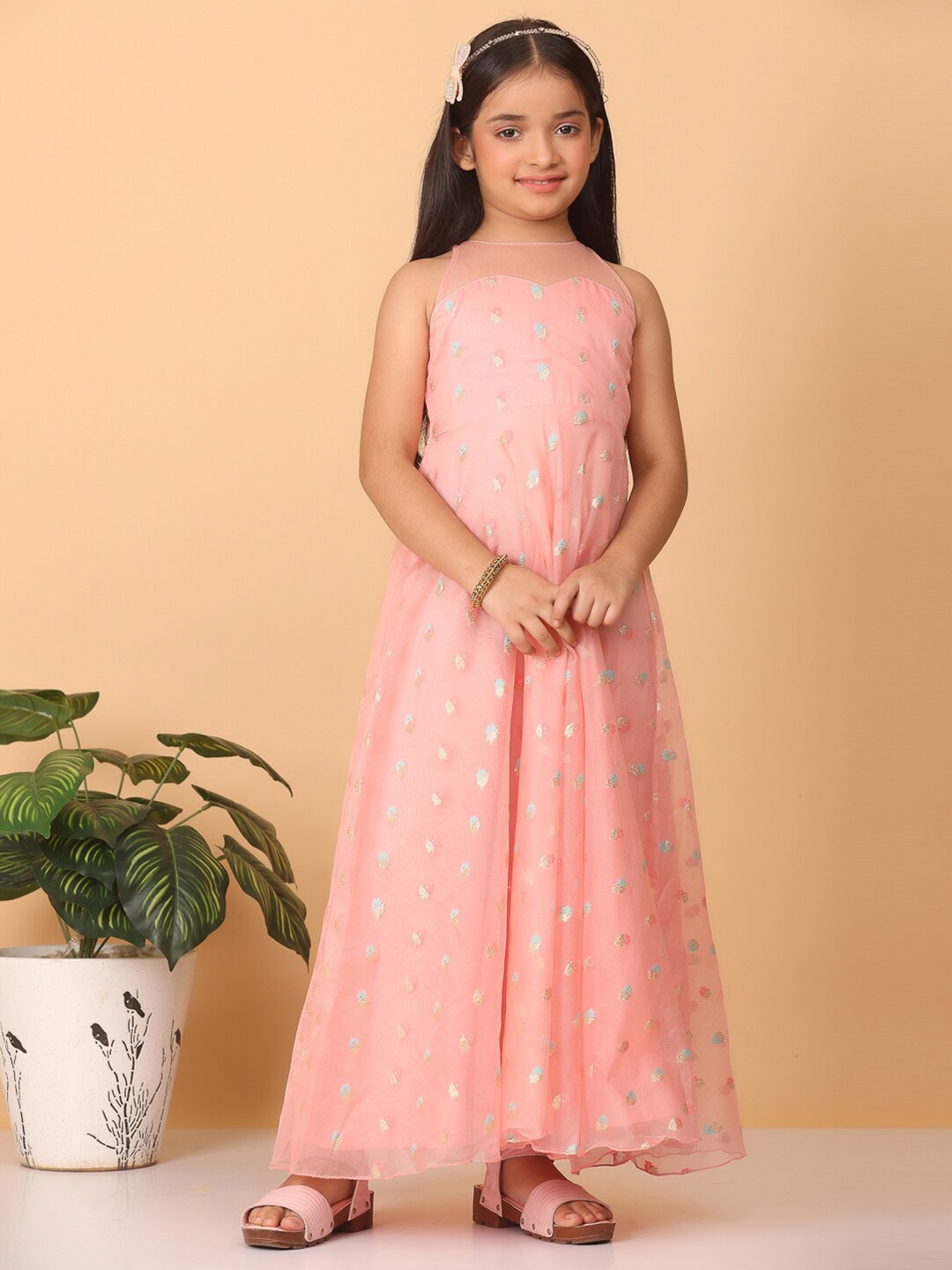 

Ethnovog Girls Floral Woven Design Sleeveless Organza Maxi Dress, Pink