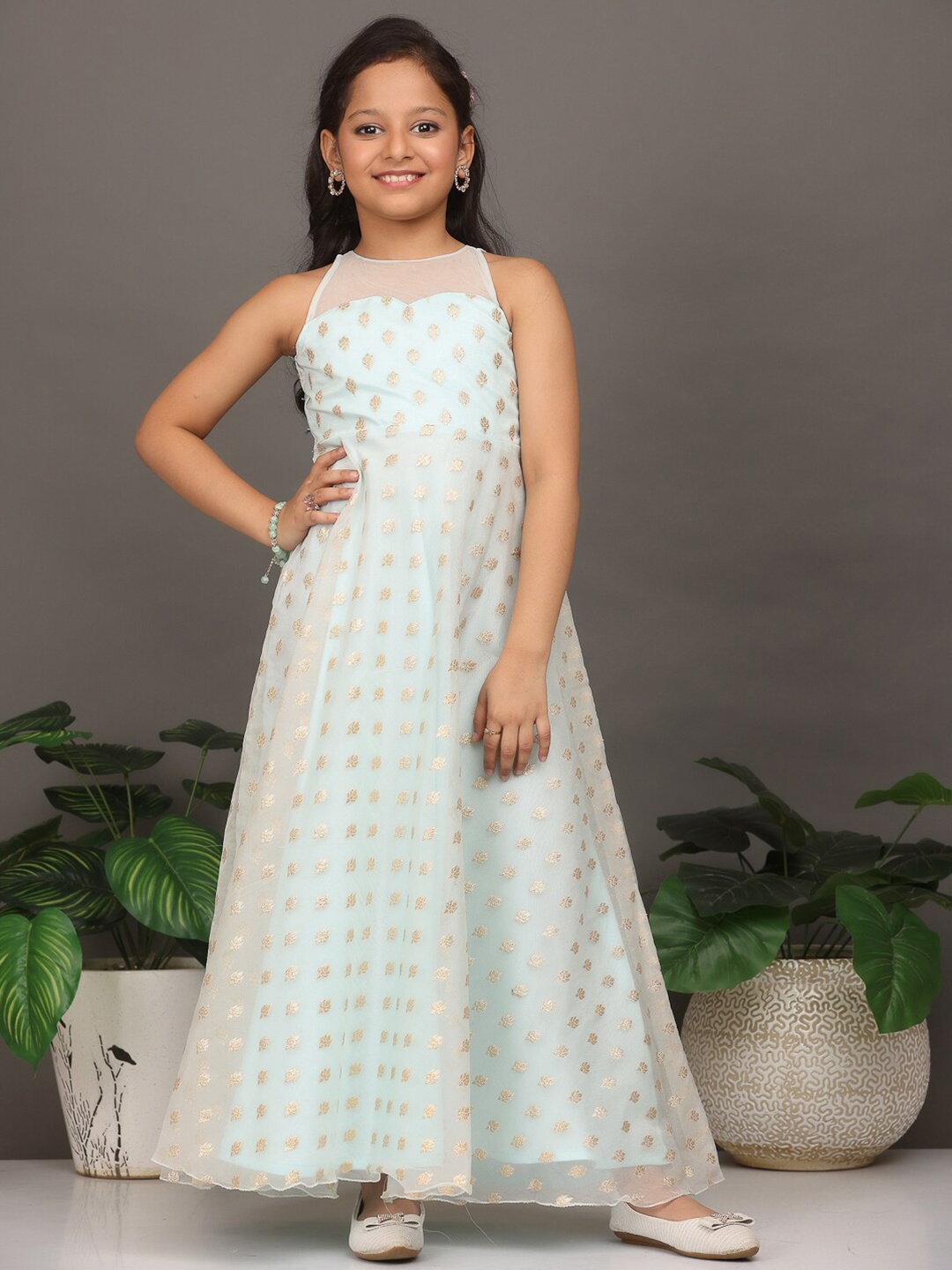 

Ethnovog Girls Floral Woven Design Sleeveless Organza Maxi Dress, Blue