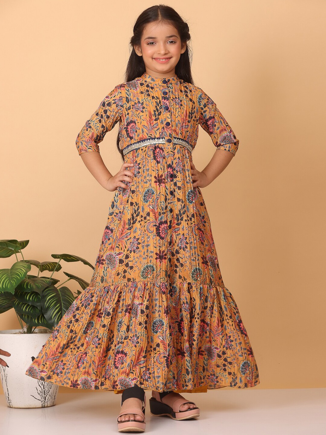 

Ethnovog Girls Foral Printed Mandarin Collar Tiered Maxi Dress, Yellow