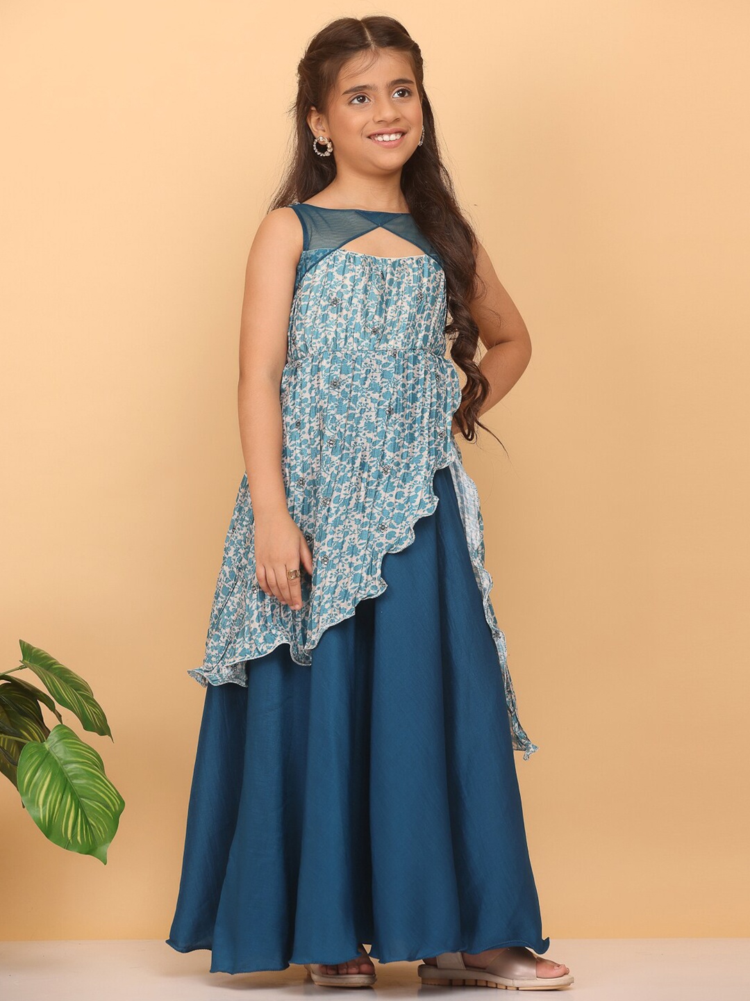 

Ethnovog Girls Floral Printed Boat Neck Silk Maxi Dress, Blue
