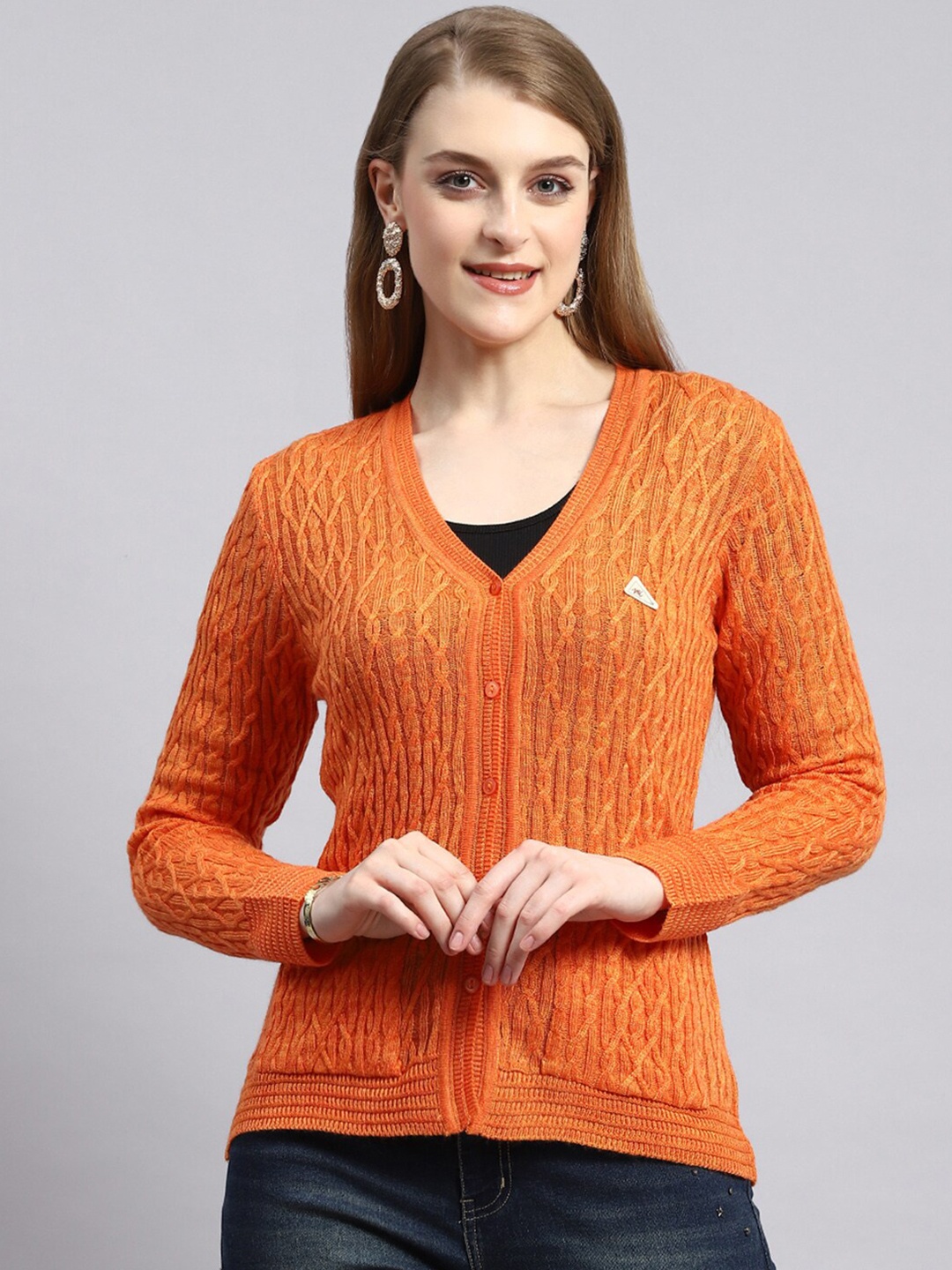 

Monte Carlo Cable Knit Self Design Cardigan Sweater, Orange