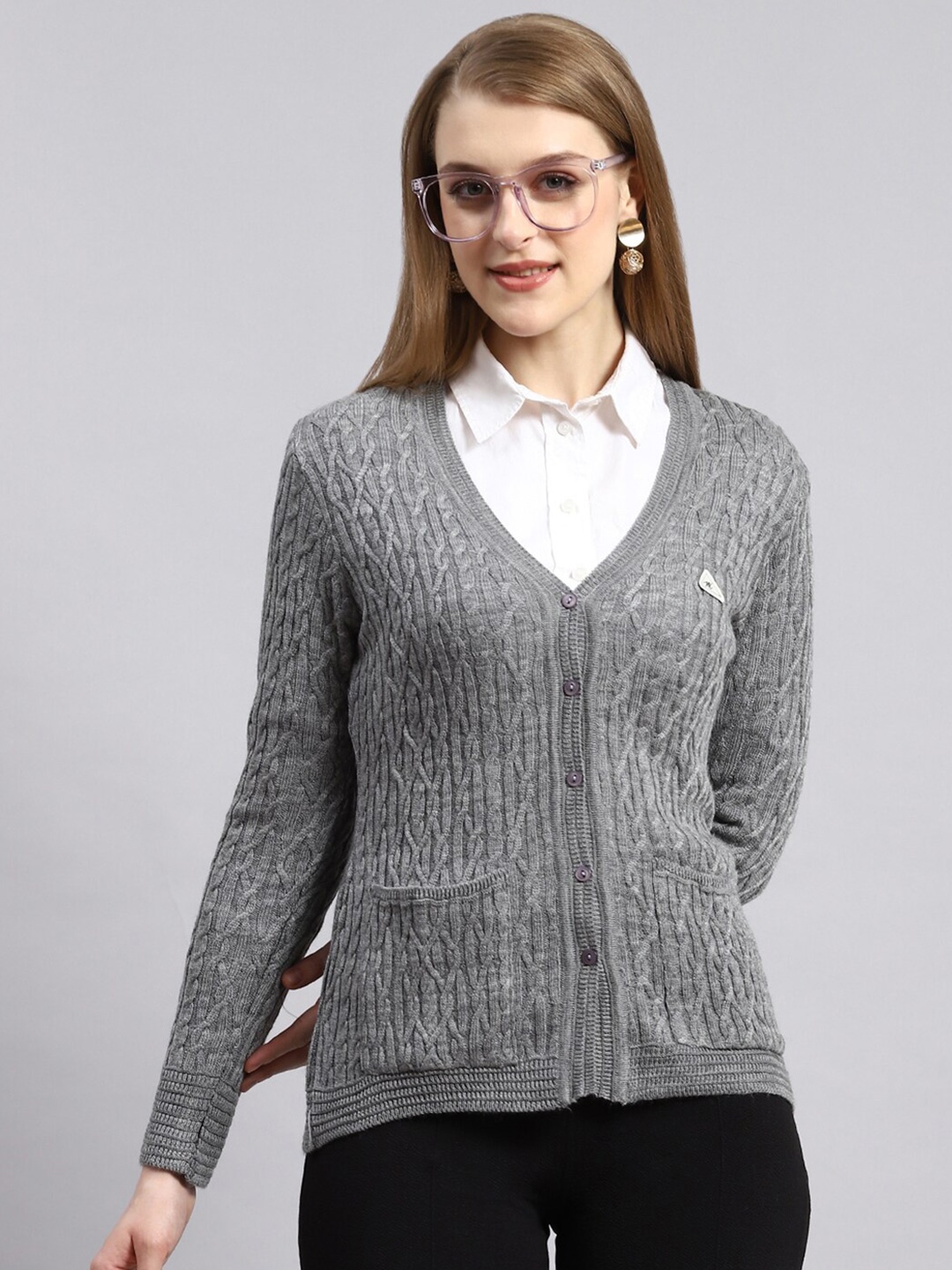 

Monte Carlo Self Design Cable Knit Woollen Cardigan, Grey melange