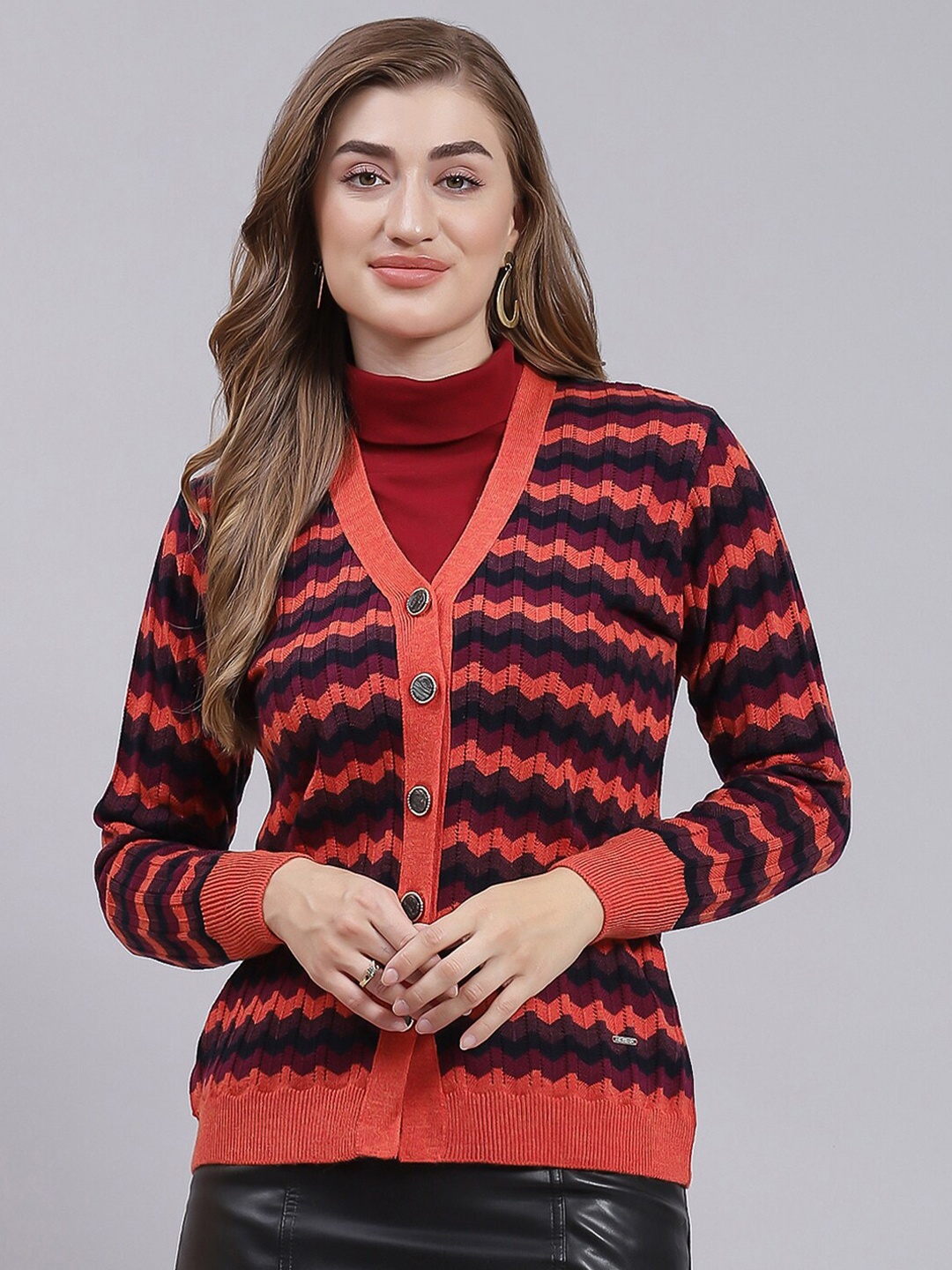 

Monte Carlo Self Design Chevron Woollen Cardigan Sweaters, Rust