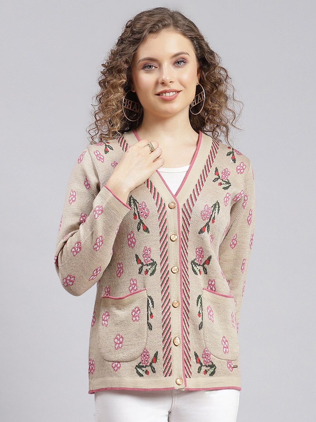 

Monte Carlo Self Design Floral V-Neck Cardigan, Camel brown