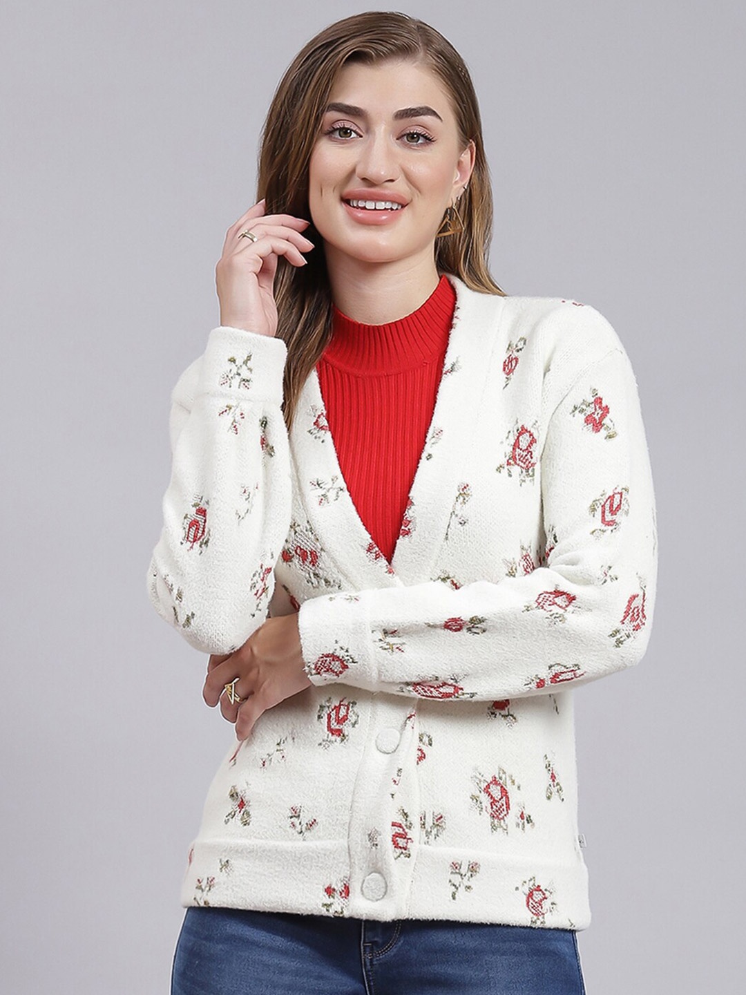 

Monte Carlo Floral Printed Woollen Cardigan Sweaters, Off white