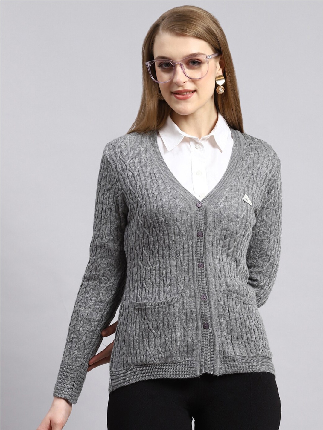 

Monte Carlo Cable Knit Woollen Cardigan, Grey melange