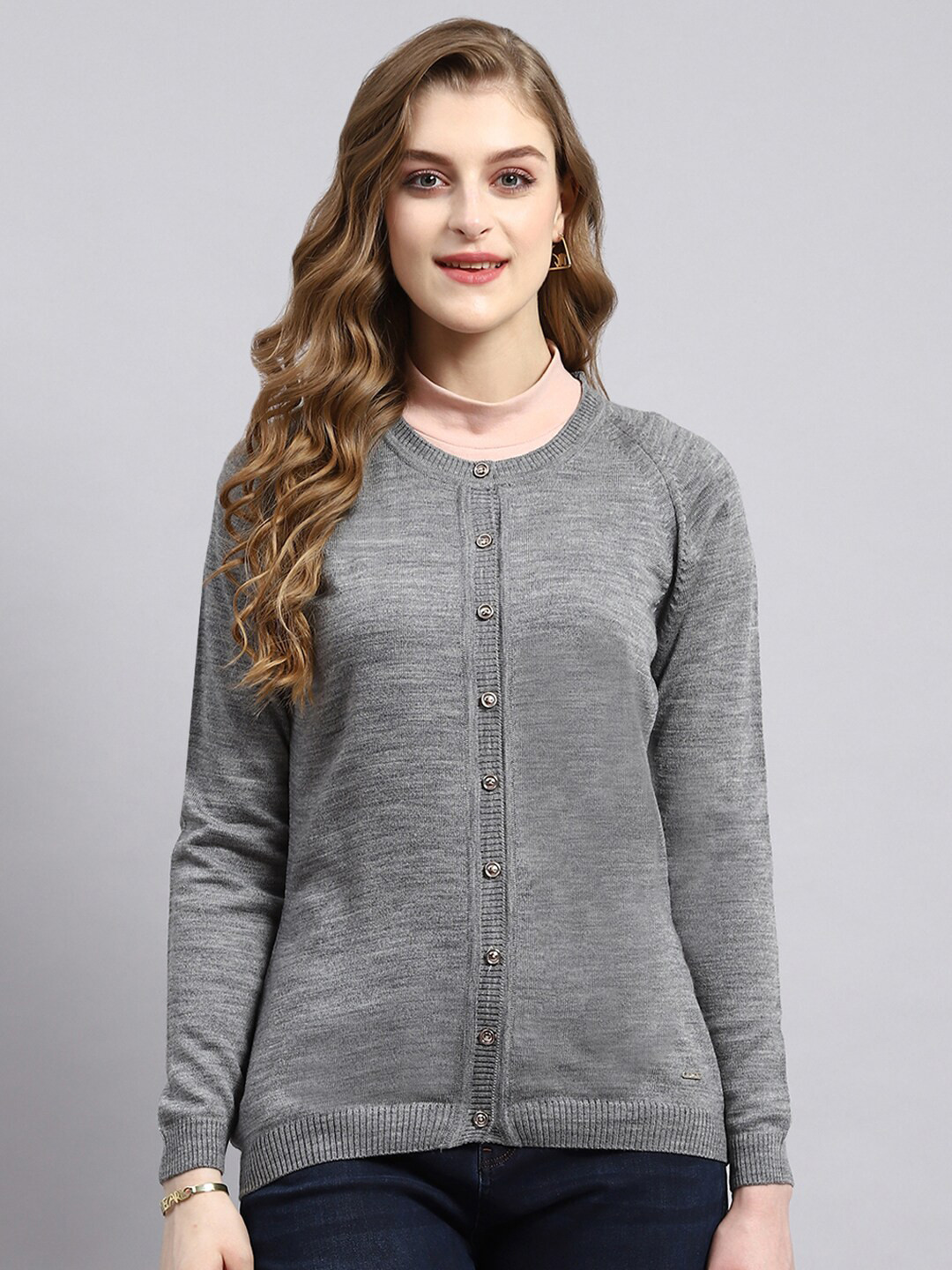 

Monte Carlo Round Neck Long Sleeves Cardigan, Grey melange