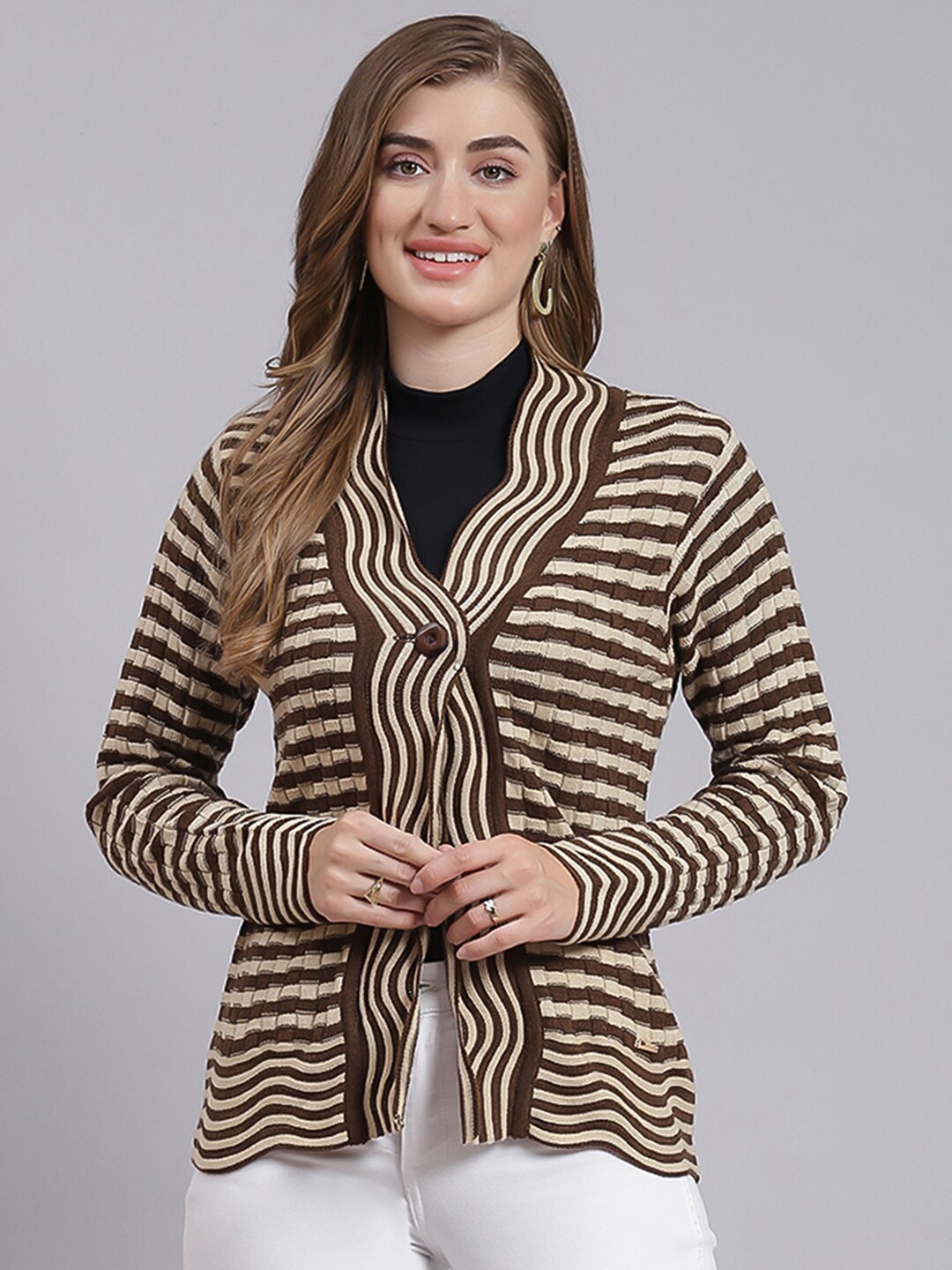 

Monte Carlo Striped V-Neck Cardigan Sweater, Brown