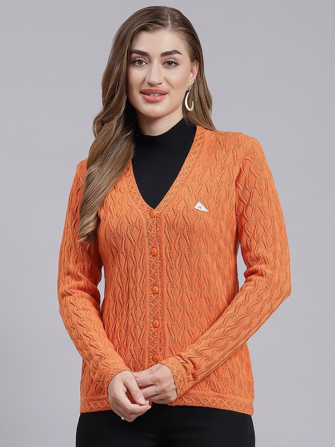 

Monte Carlo V-Neck Cable Knit Cardigan Sweater, Orange