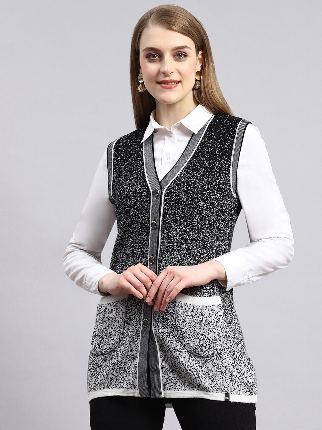 

Monte Carlo V-Neck Self Design Cardigan Sweater, Black