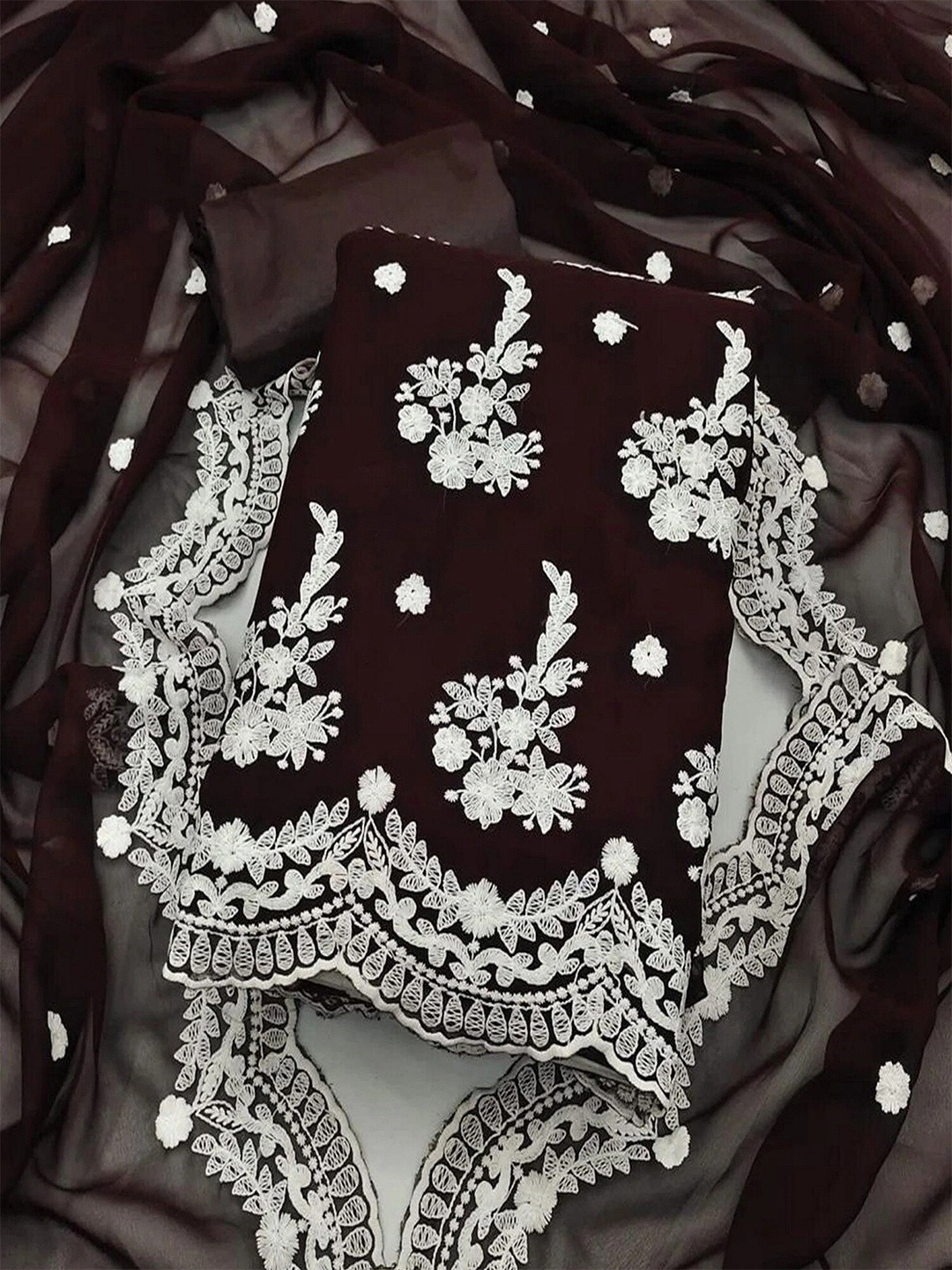 

APNISHA Floral Embroidered Unstitched Dress Material, Coffee brown