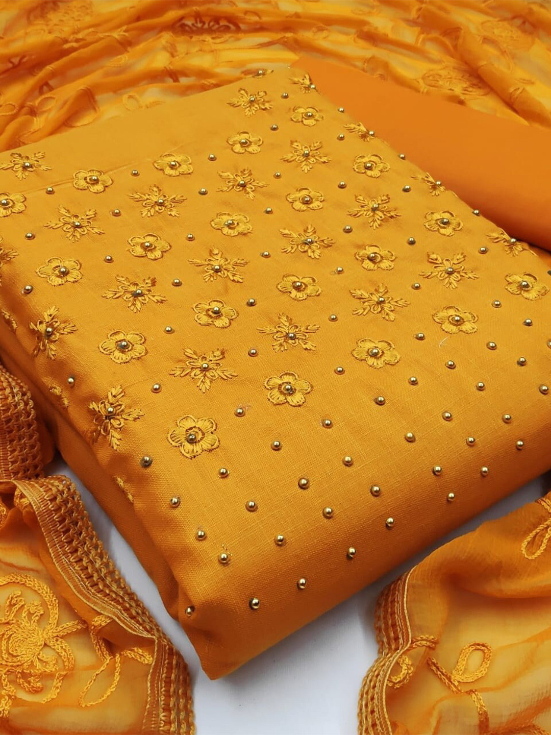 

APNISHA Floral Embroidered Beads and Stones Unstitched Dress Material, Yellow