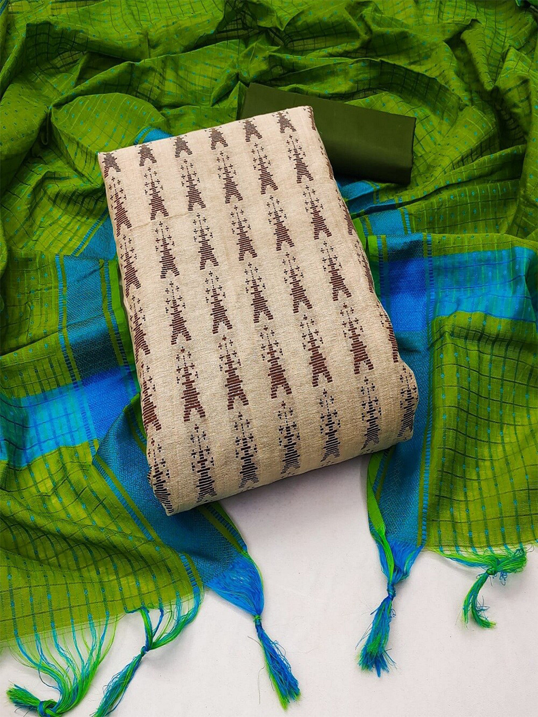 

APNISHA Ethnic Motifs Woven Design Unstitched Dress Material, Green