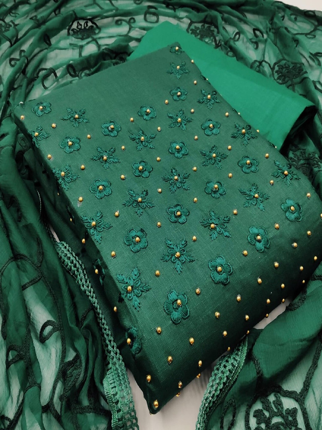 

APNISHA Floral Embroidered Unstitched Dress Material, Green