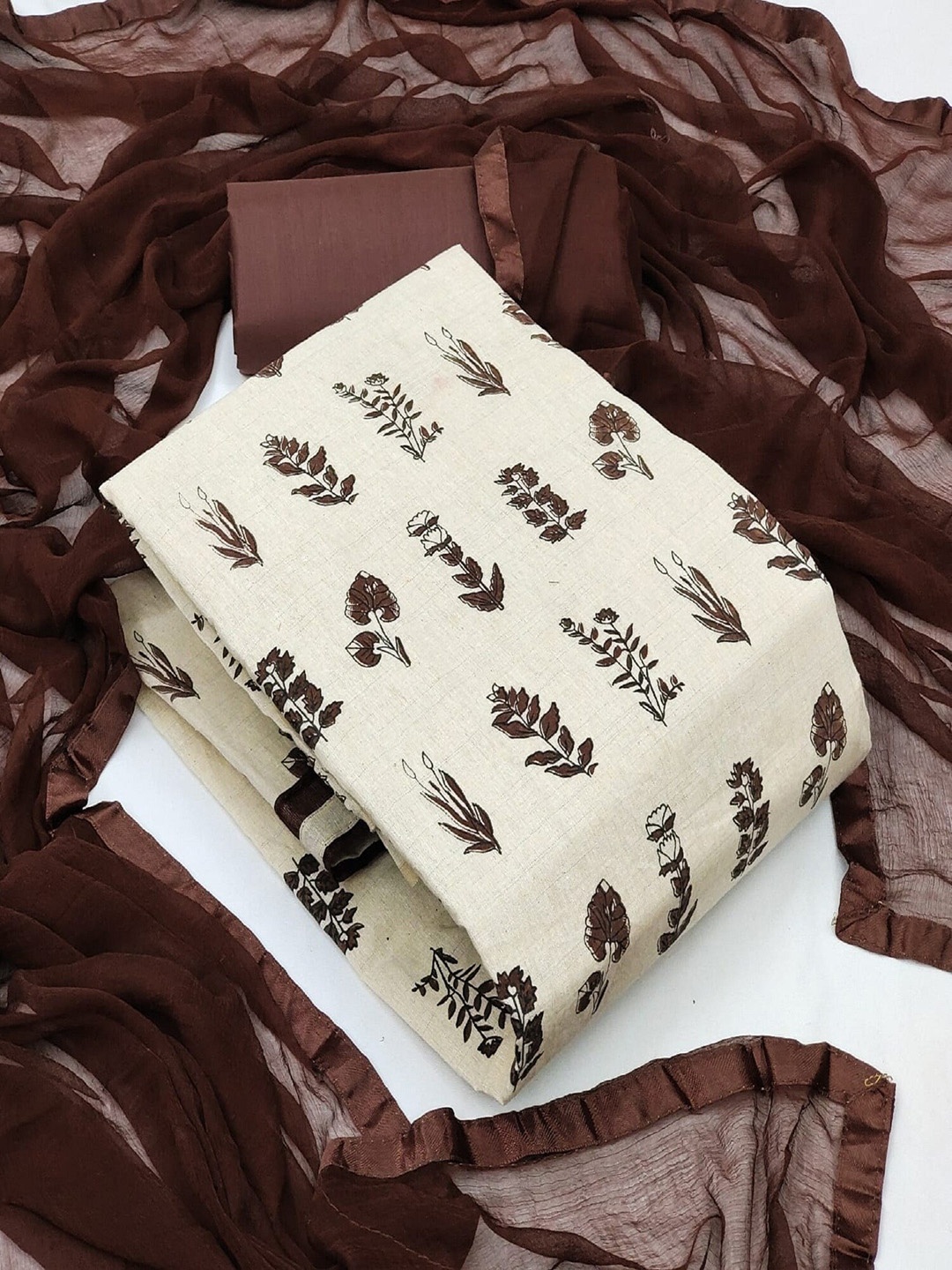 

APNISHA Floral Printed Unstitched Dress Material, Coffee brown