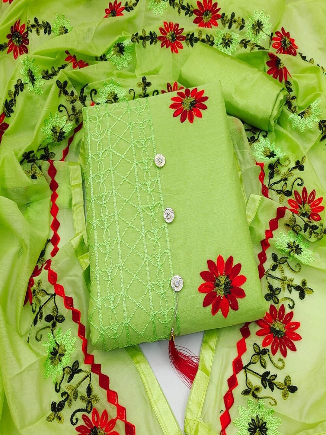 

APNISHA Floral Embroidered Unstitched Dress Material, Green