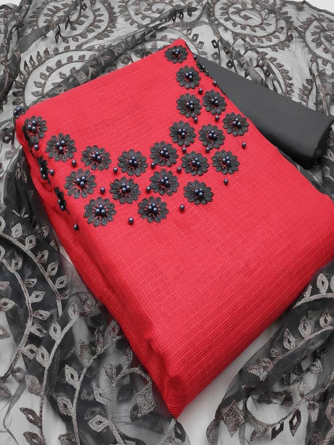 

APNISHA Floral Embroidered Beads and Stones Unstitched Dress Material, Pink