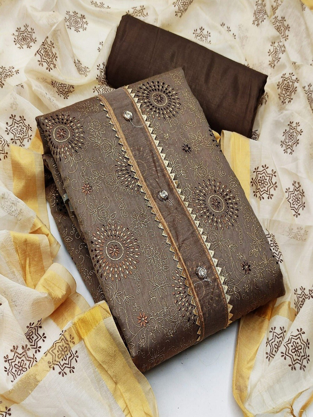 

APNISHA Ethnic Motifs Printed Gotta Patti Unstitched Dress Material, Brown