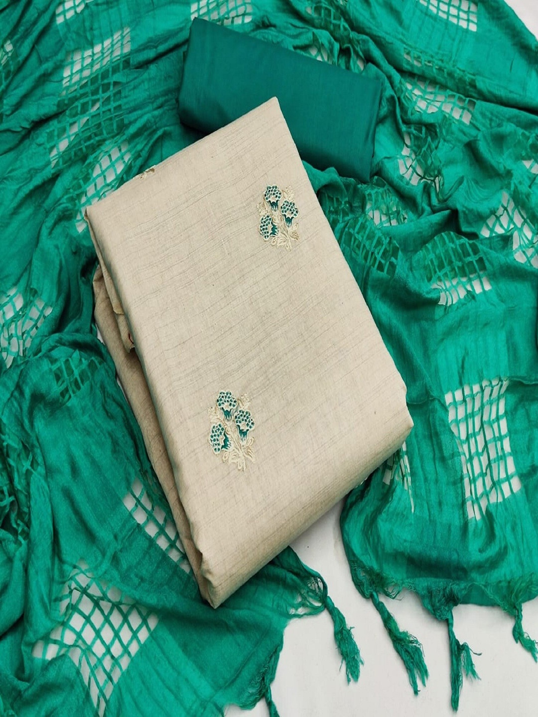 

APNISHA Floral Embroidered Unstitched Dress Material, Green