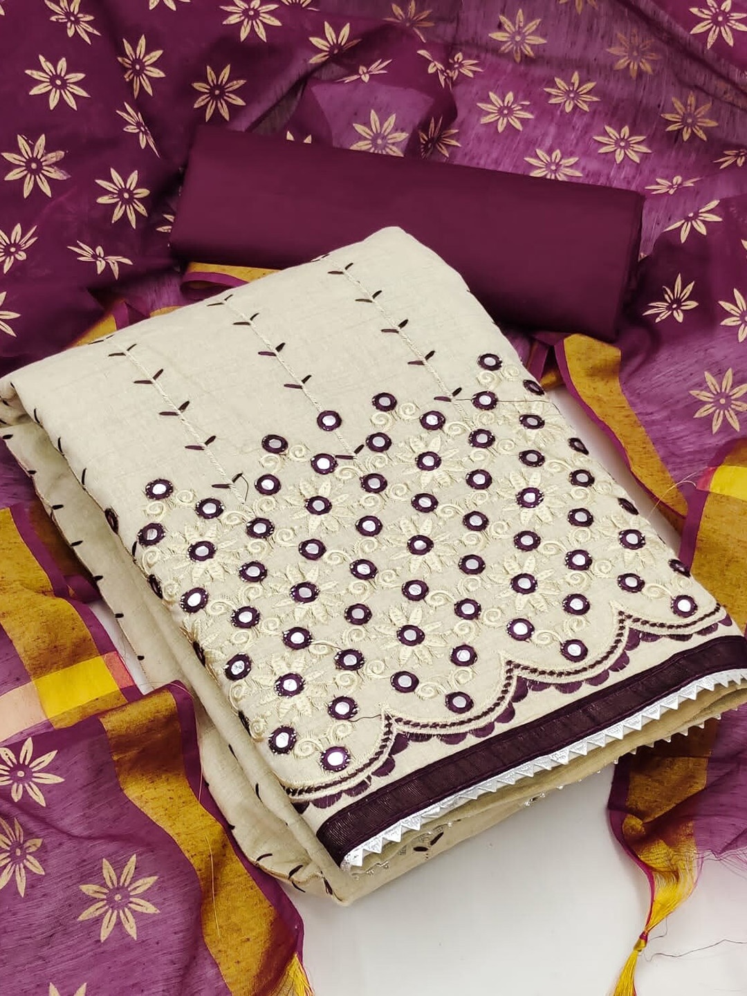 

APNISHA Floral Embroidered Mirror Work Unstitched Dress Material, Purple