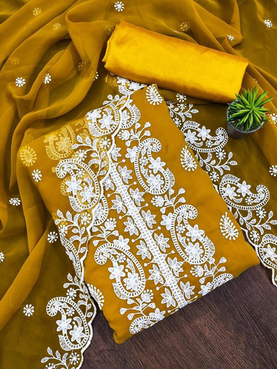 

APNISHA Paisley Embroidered Unstitched Dress Material, Mustard