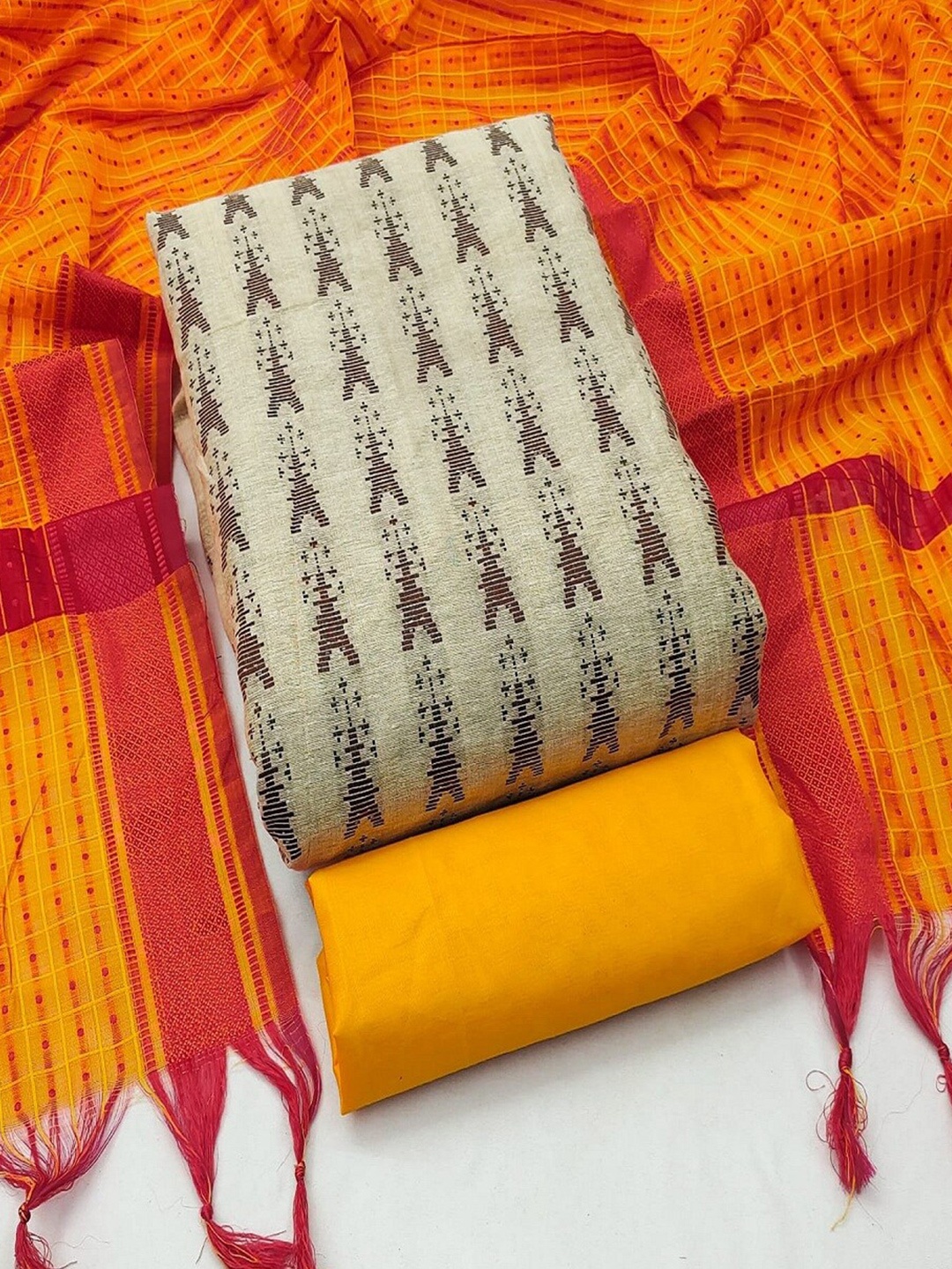 

APNISHA Ethnic Motif Woven Design Unstitched Dress Material, Beige
