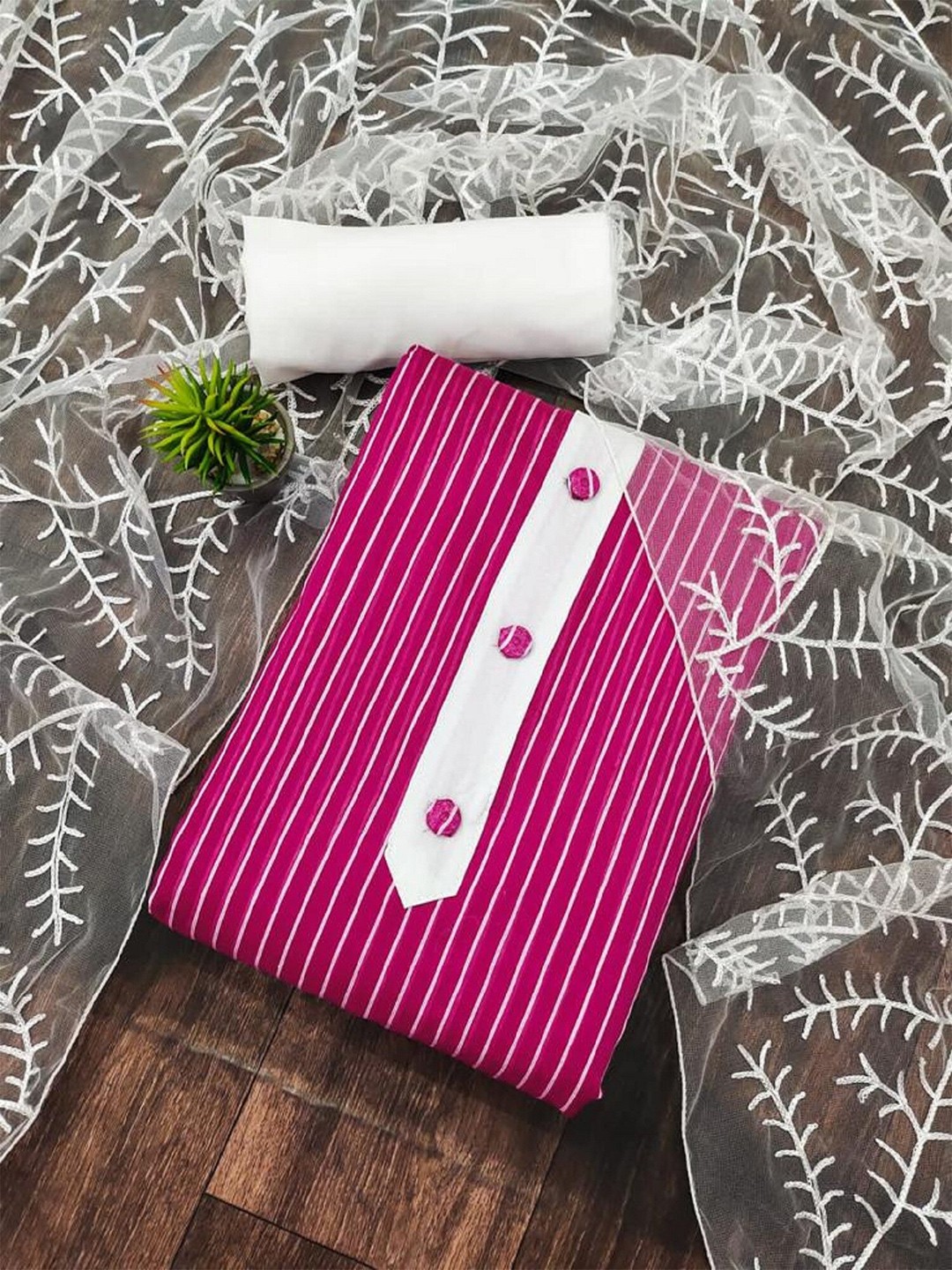 

APNISHA Striped Unstitched Dress Material, Magenta