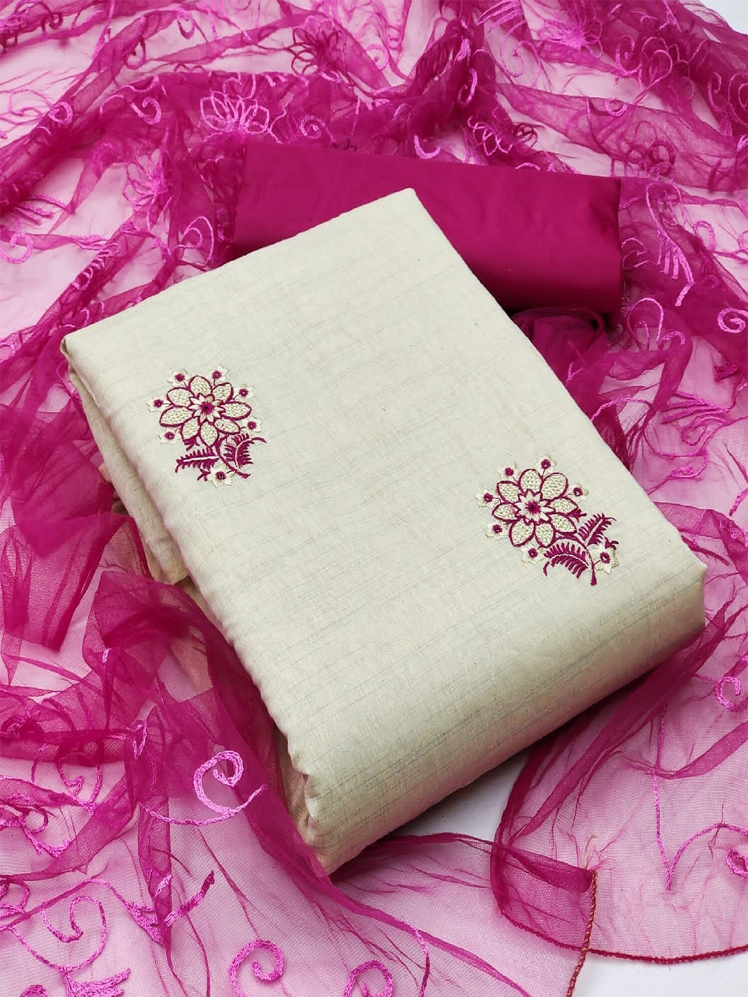 

APNISHA Floral Embroidered Unstitched Dress Material, Pink