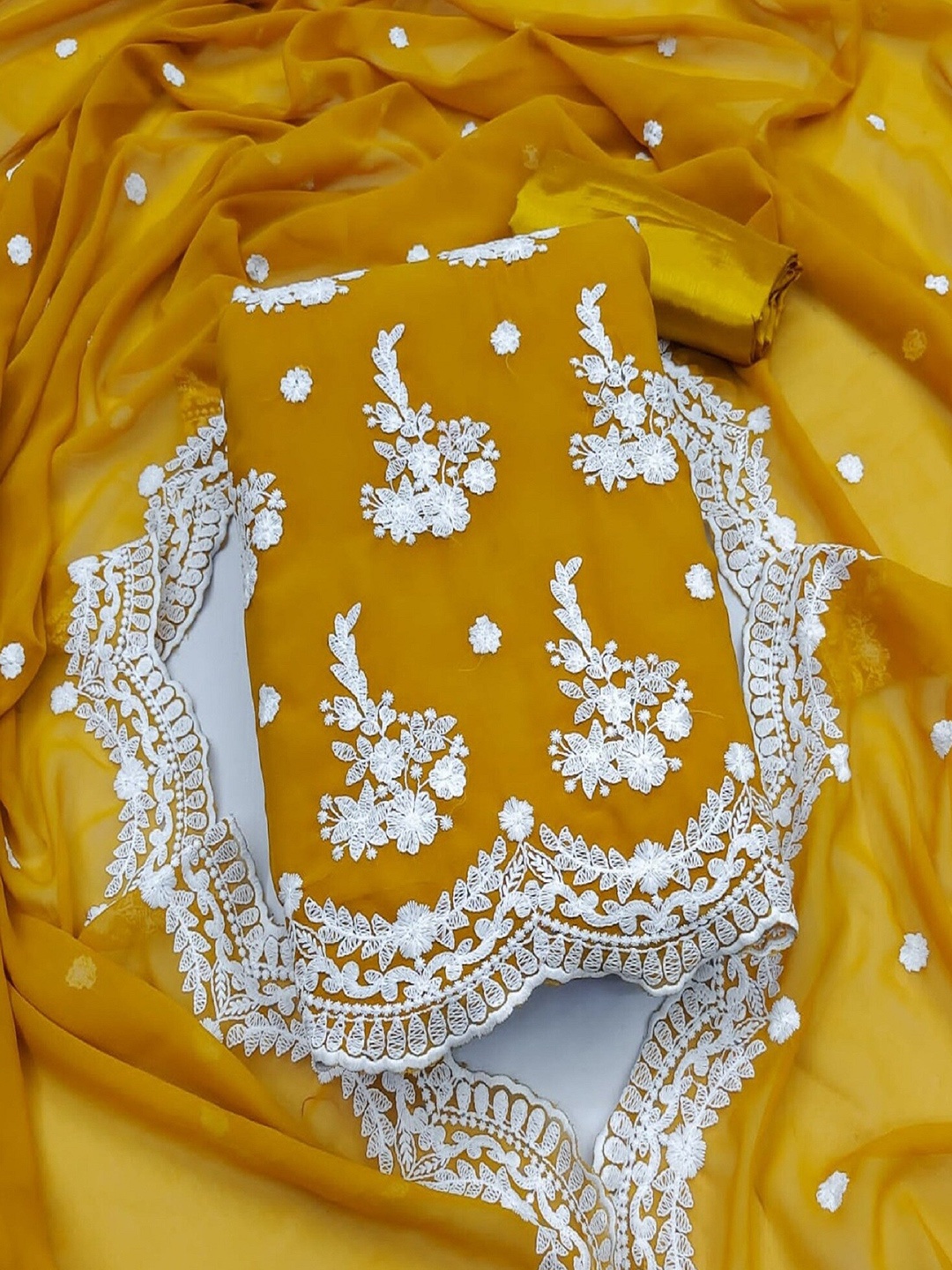 

APNISHA Ethnic Motifs Embroidered Unstitched Dress Material, Mustard