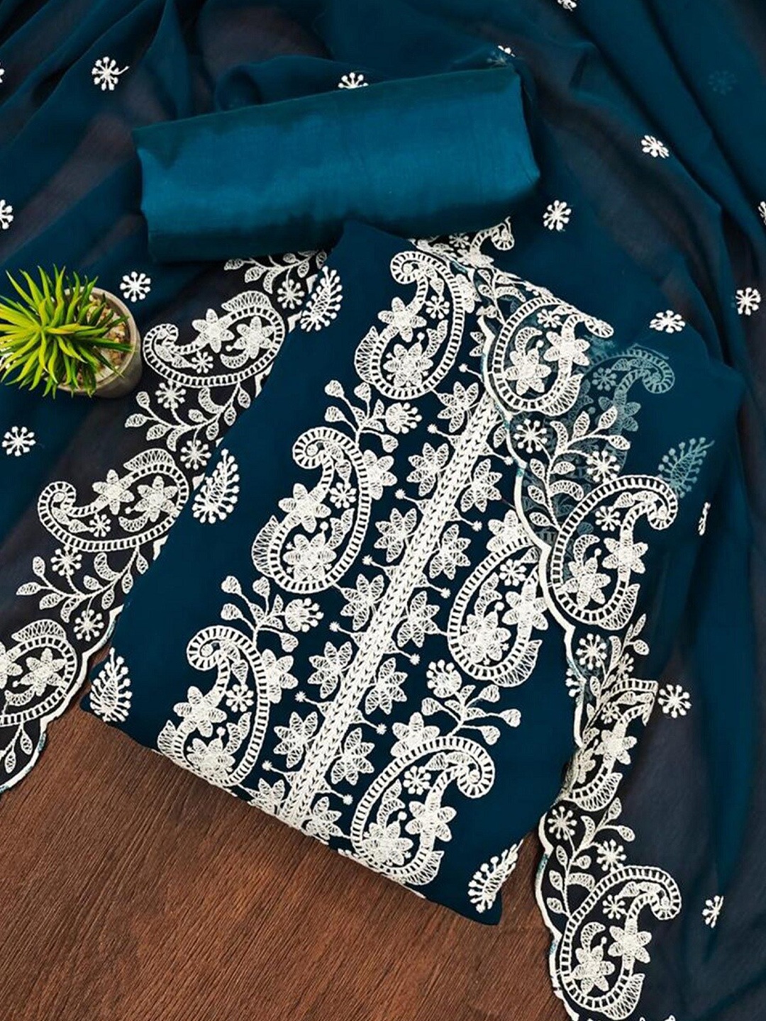 

APNISHA Ethnic Motifs Embroidered Unstitched Dress Material, Blue