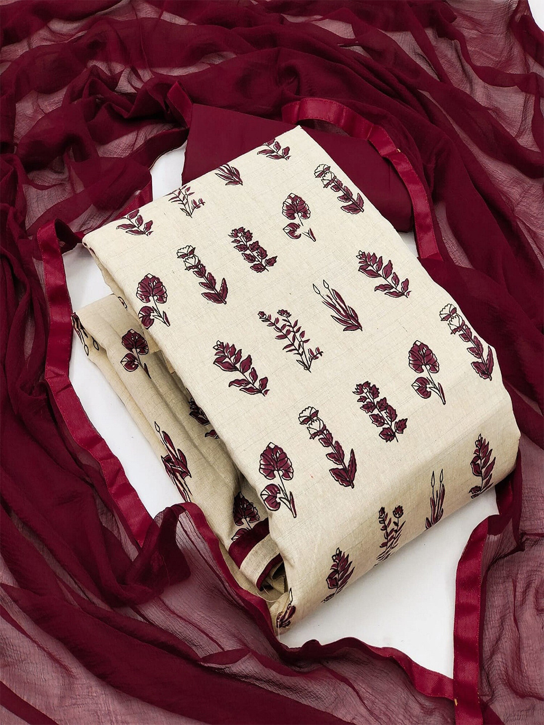 

APNISHA Floral Printed Unstitched Dress Material, Maroon