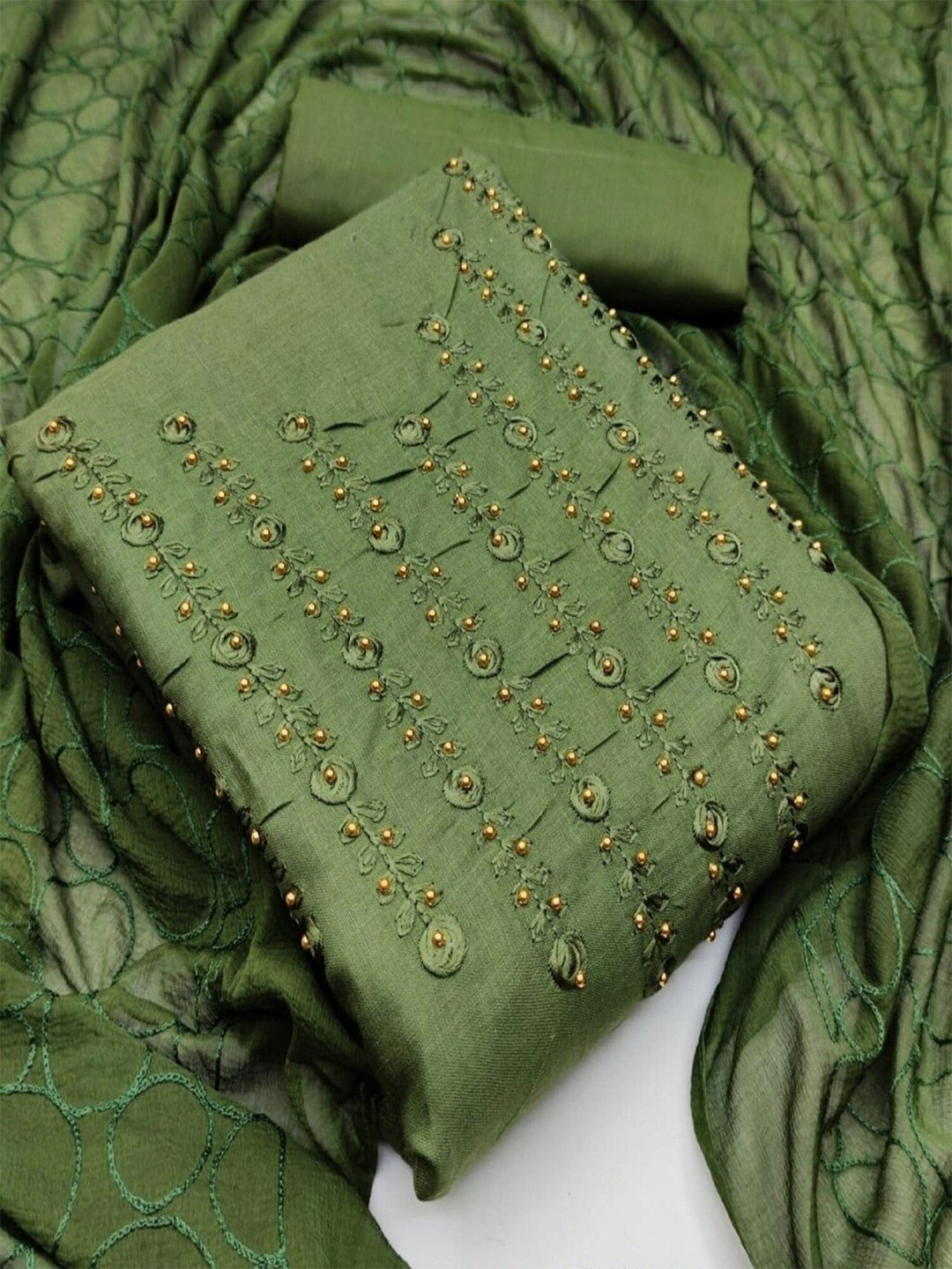 

APNISHA Floral Embroidered Beads and Stones Unstitched Dress Material, Green