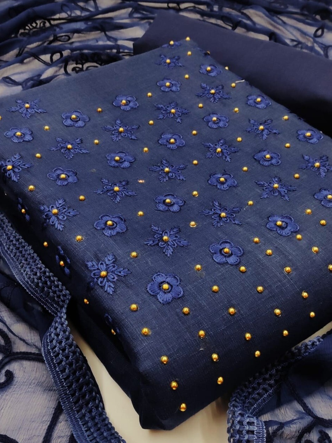 

APNISHA Floral Embroidered Unstitched Dress Material, Navy blue