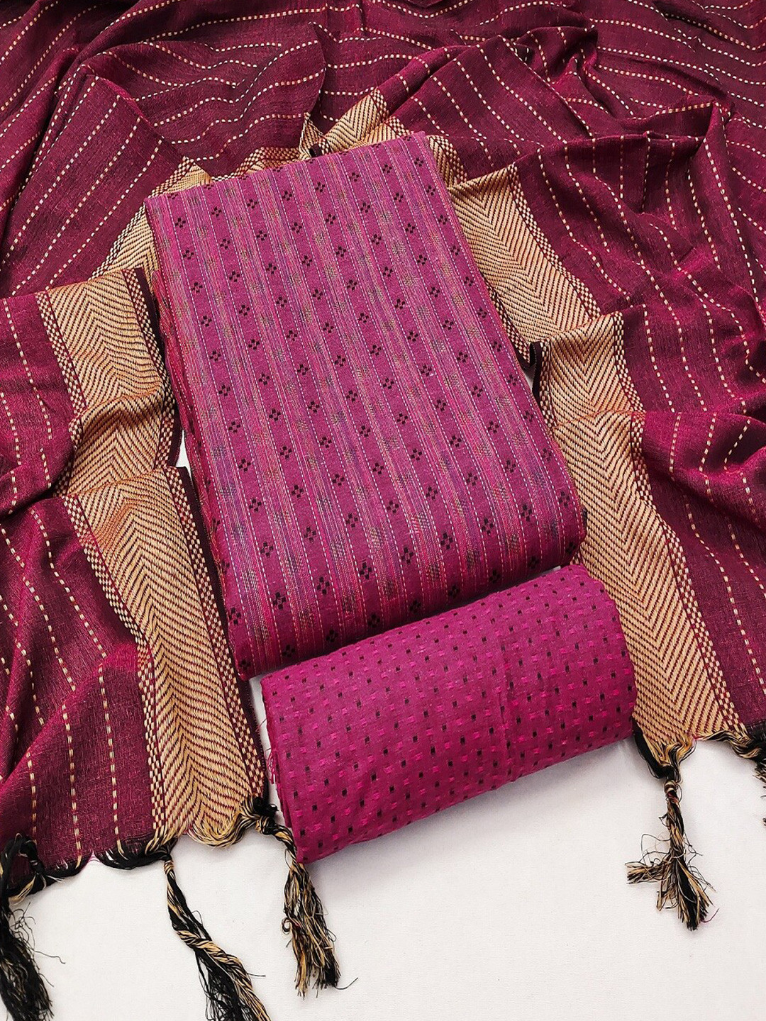 

APNISHA Striped Jacquard Unstitched Dress Material, Pink