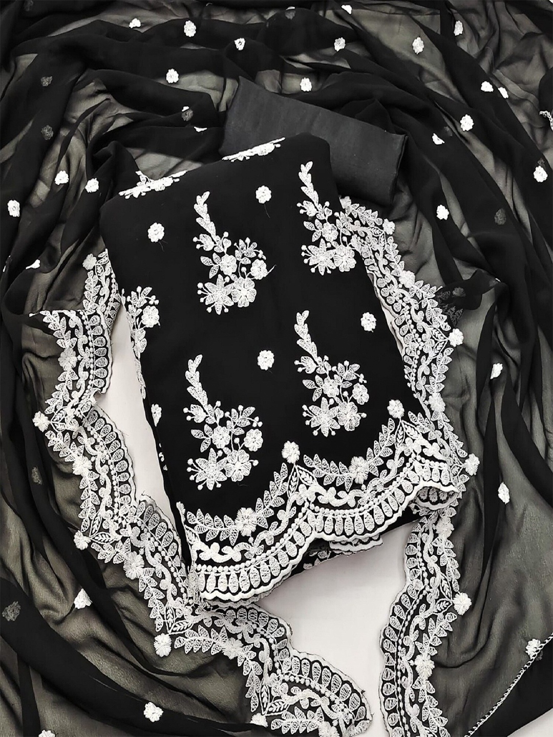 

APNISHA Floral Embroidered Silk Georgette Unstitched Dress Material, Black