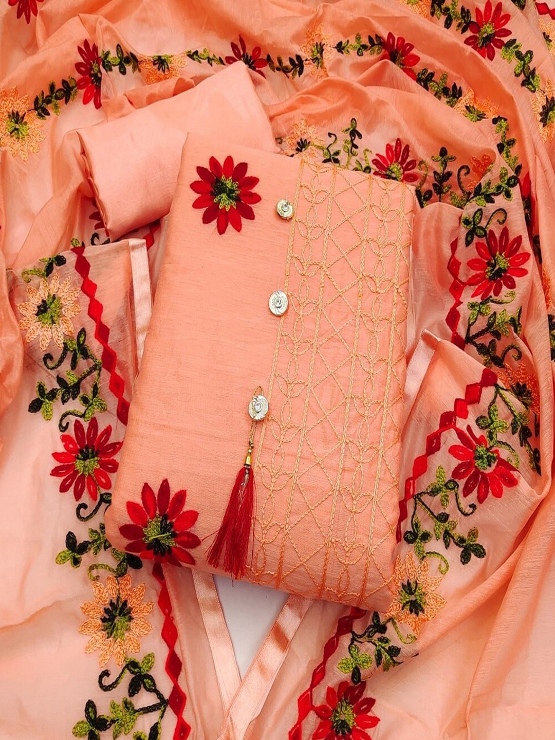 

APNISHA Floral Embroidered Unstitched Dress Material, Orange