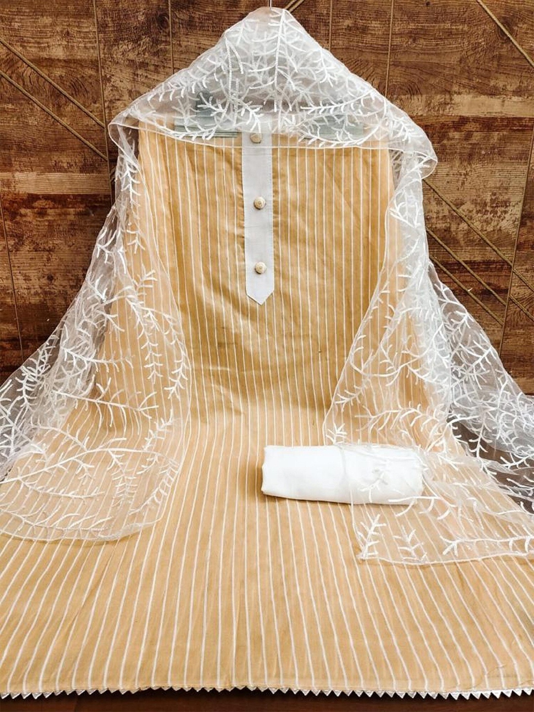 

APNISHA Striped Unstitched Dress Material, Cream