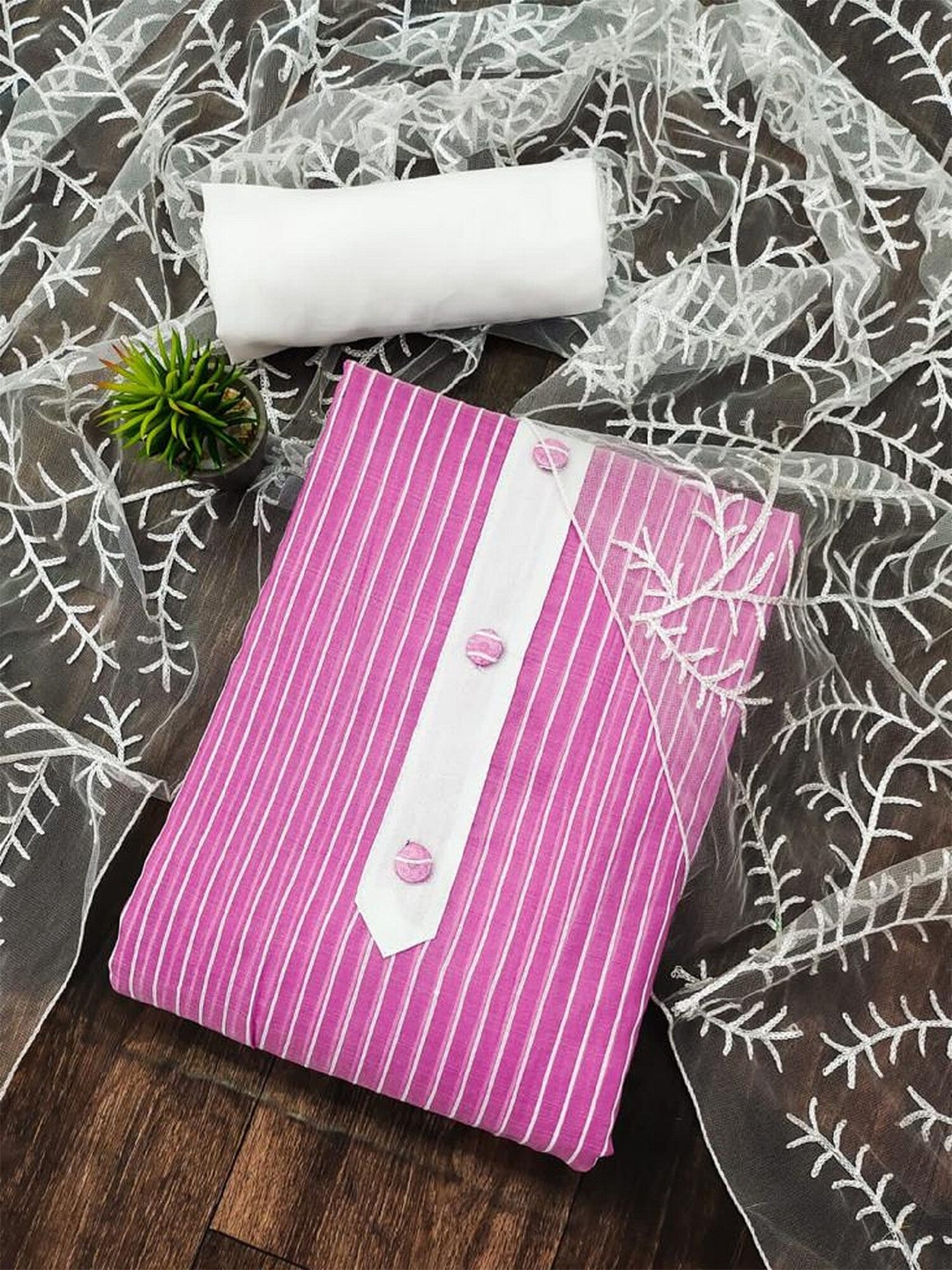 

APNISHA Striped Printed Unstitched Dress Material, Pink