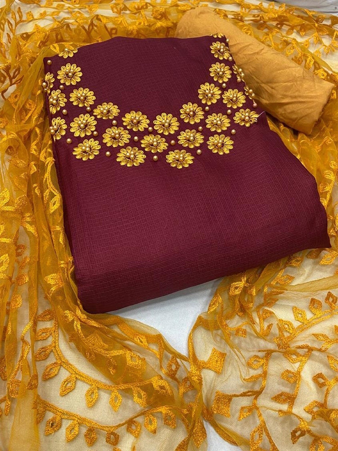 

APNISHA Floral Embroidered Beads & Stones Unstitched Dress Material, Maroon