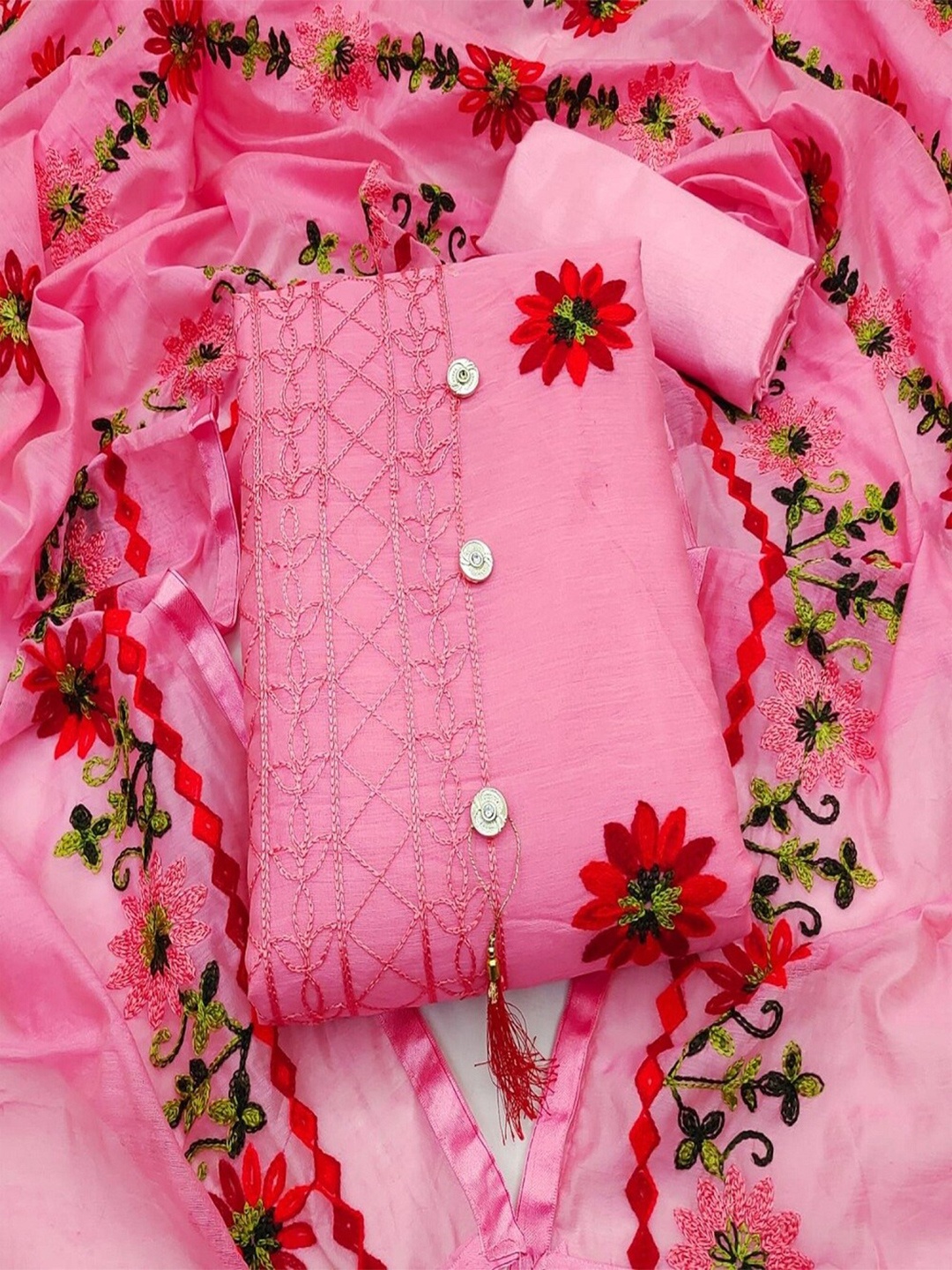 

APNISHA Floral Embroidered Unstitched Dress Material, Pink