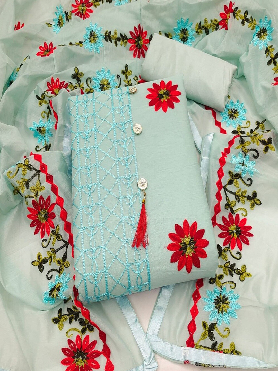 

APNISHA Floral Embroidered Unstitched Dress Material, Turquoise blue