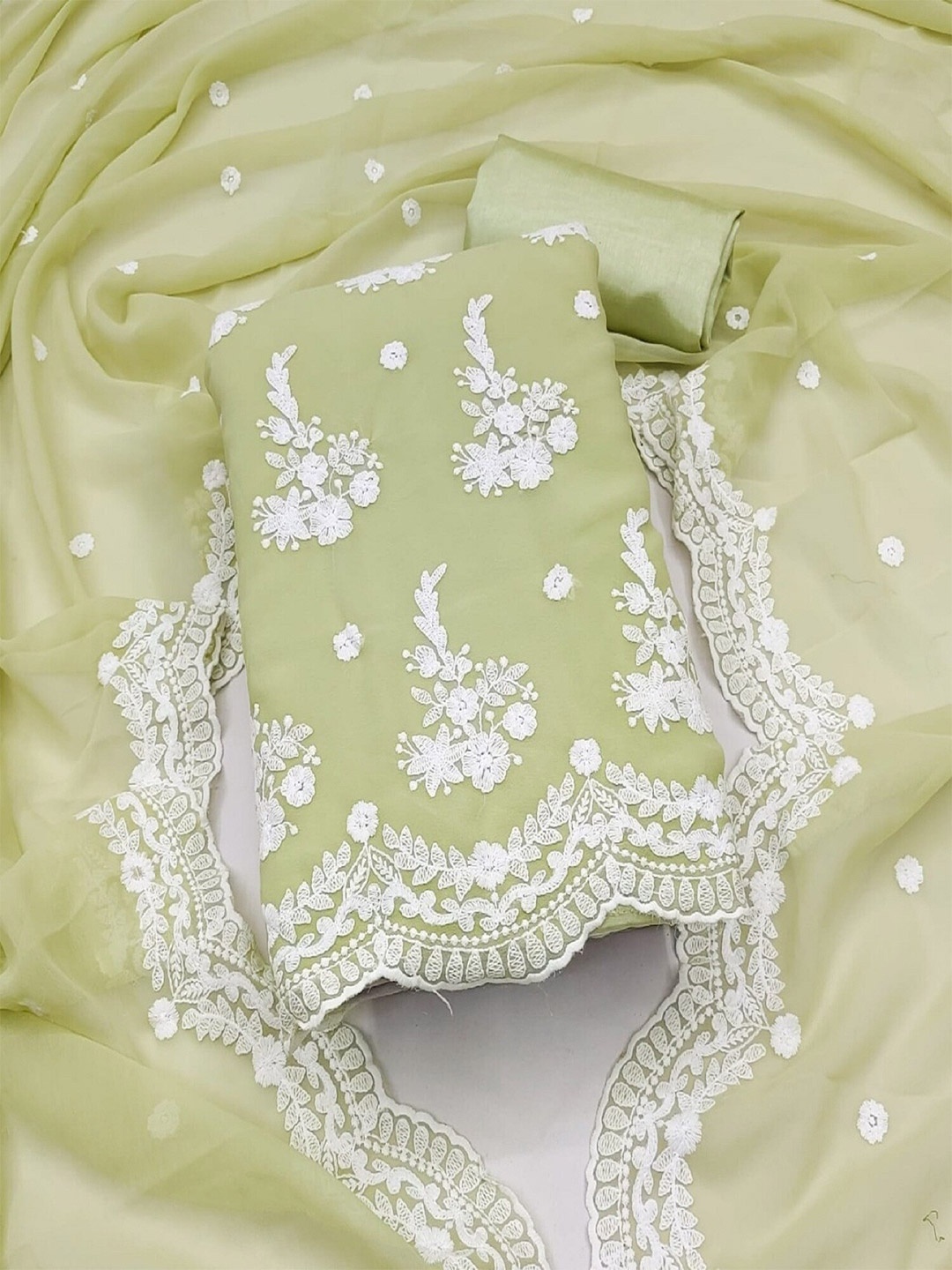 

APNISHA Floral Embroidered Unstitched Dress Material, Lime green